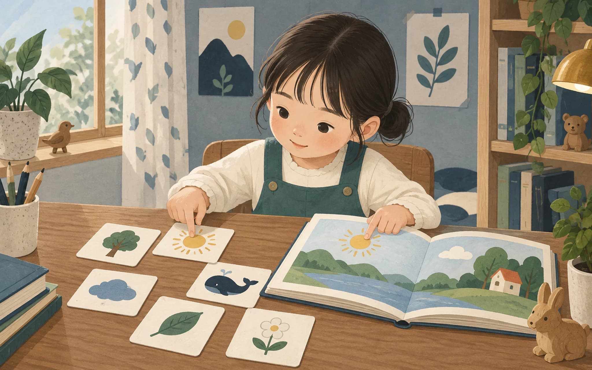 읽기 카드와 그림책으로 기초 문해력을 익히는 한국 저학년 학생 일러스트