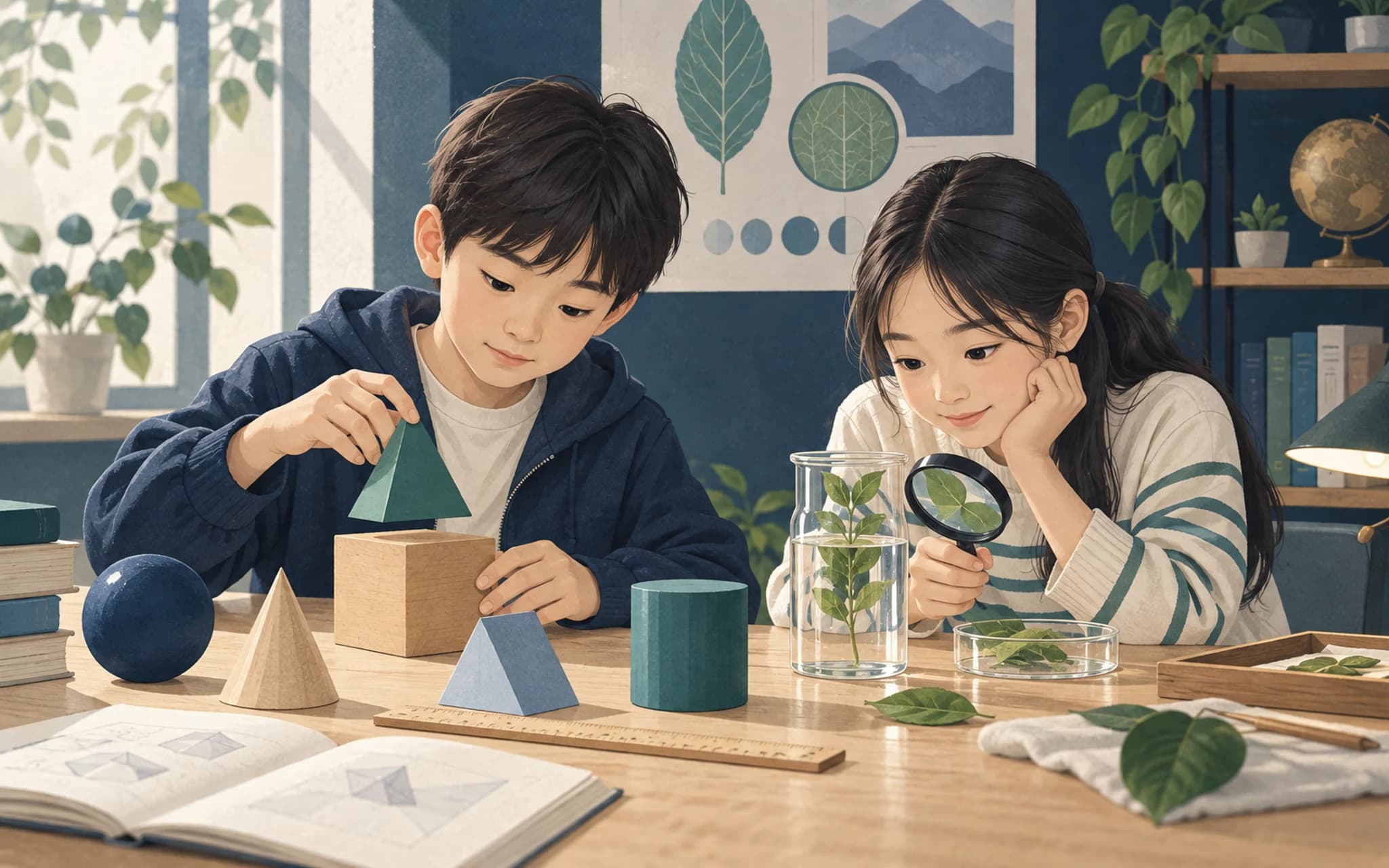 도형 교구를 살펴보며 수학 개념을 탐구하는 한국 학생 일러스트