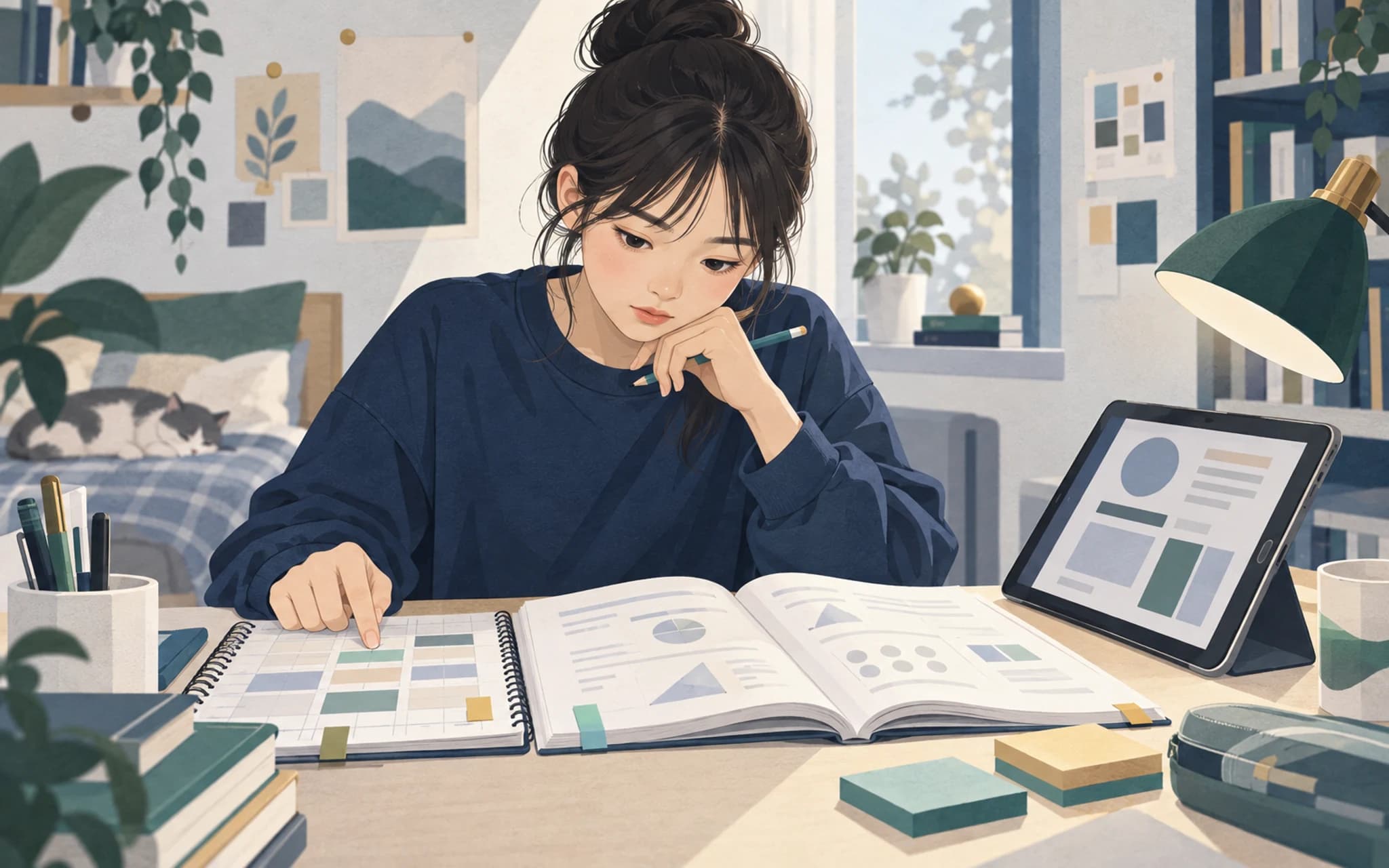 학습 계획을 확인하고 문제를 해결하는 한국 중학생 일러스트
