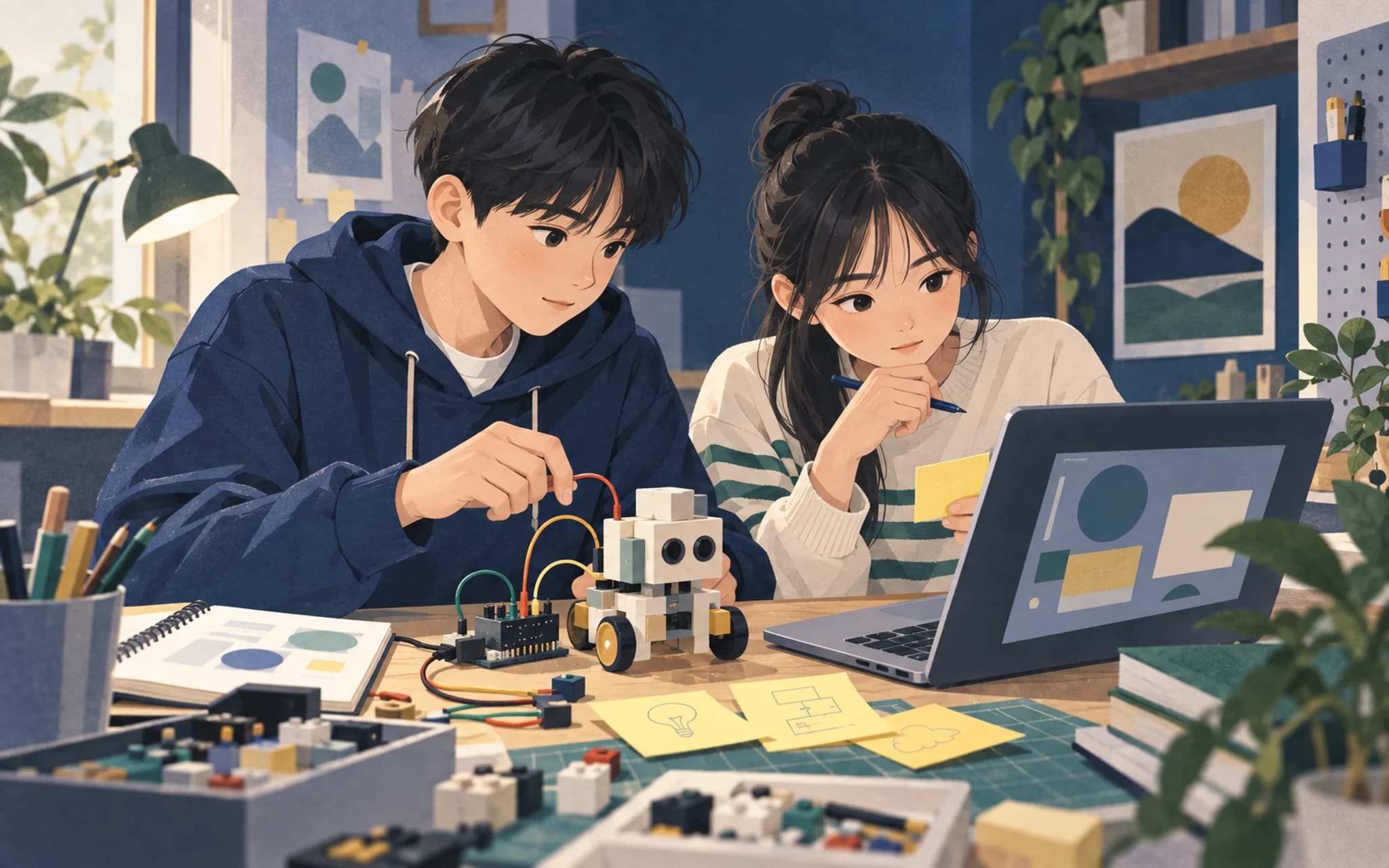 노트북과 작은 전자 프로젝트를 함께 만드는 한국 중학생 일러스트